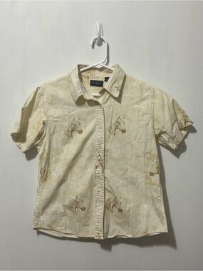 Bit & Bridle women’s horse print Cream and Brown Casual Button Down Shirt medium